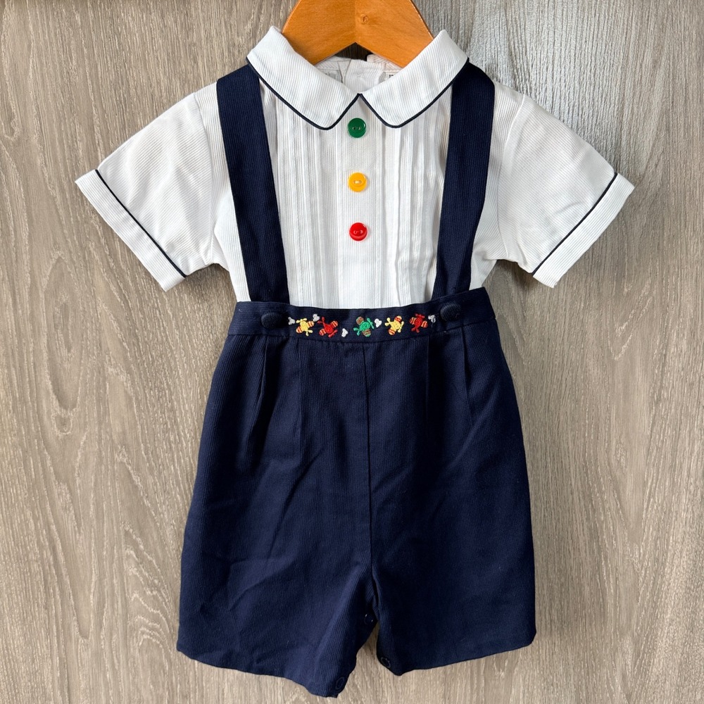 Little Diamonds Suspender Shorts Set Boys 12M Navy White Vintage Airplane Prep